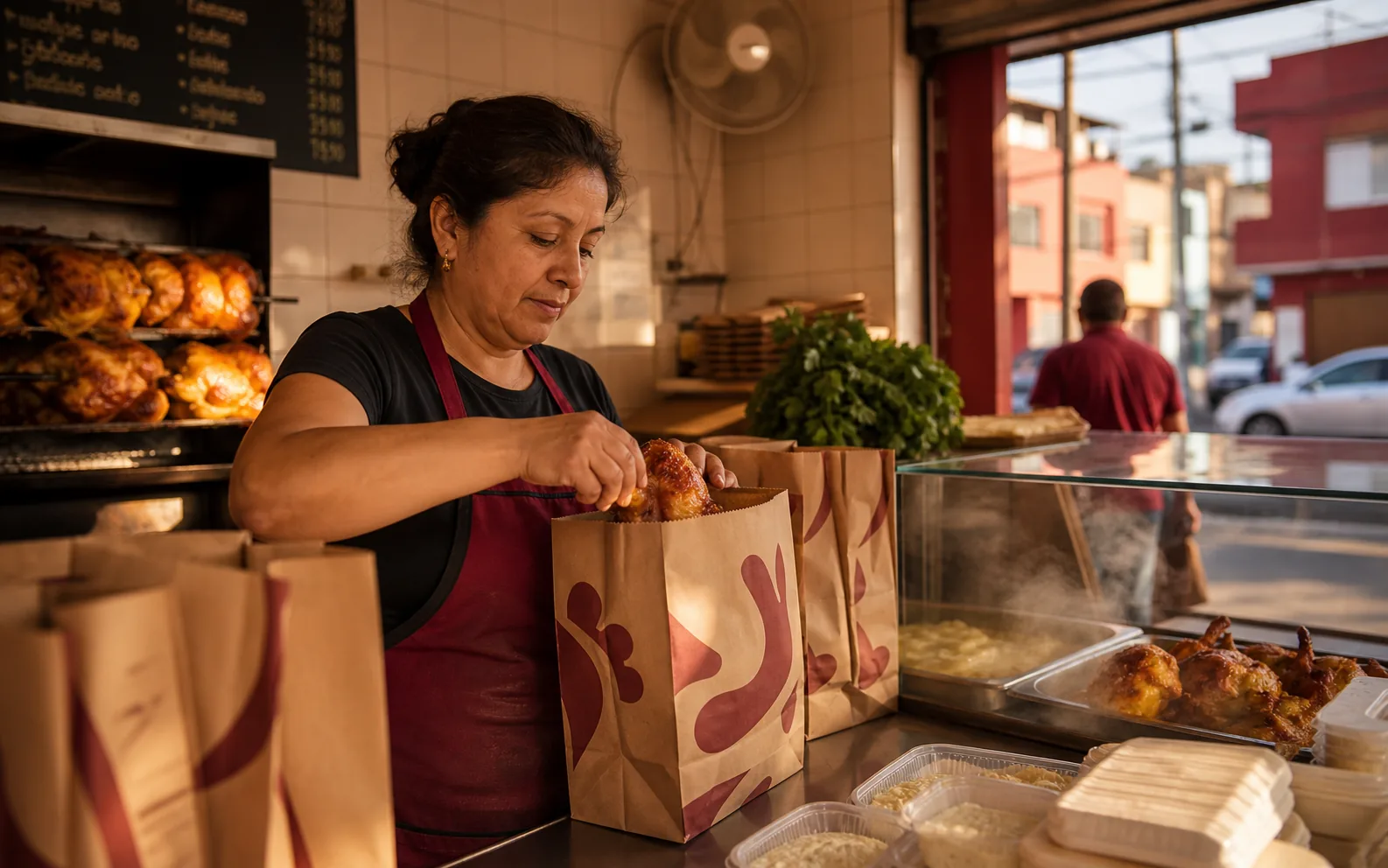 Comerciante preparando pedidos en un local aliado de Bita Express, una pollería de barrio en Lima Norte.