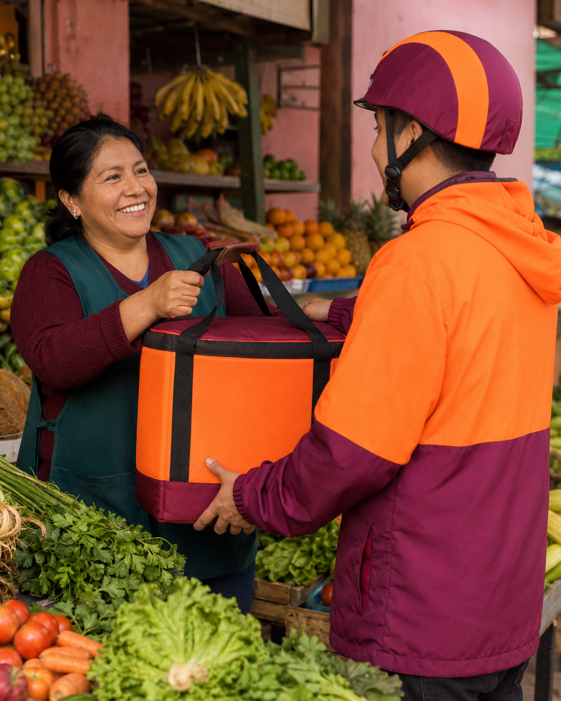 Comerciante local recibiendo una bolsa de entrega de un repartidor Bita Express en un mercado de Lima Norte.