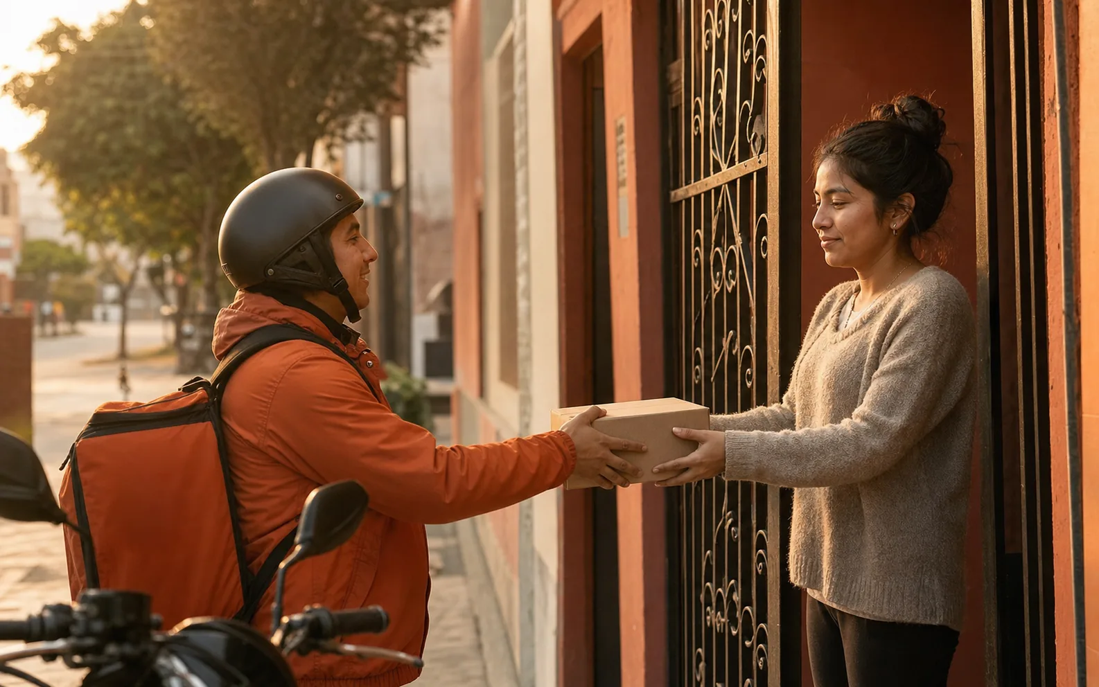 Repartidor de Bita Express entregando un paquete en la puerta de una casa de Lima Norte, con una cliente recibiendo el pedido.
