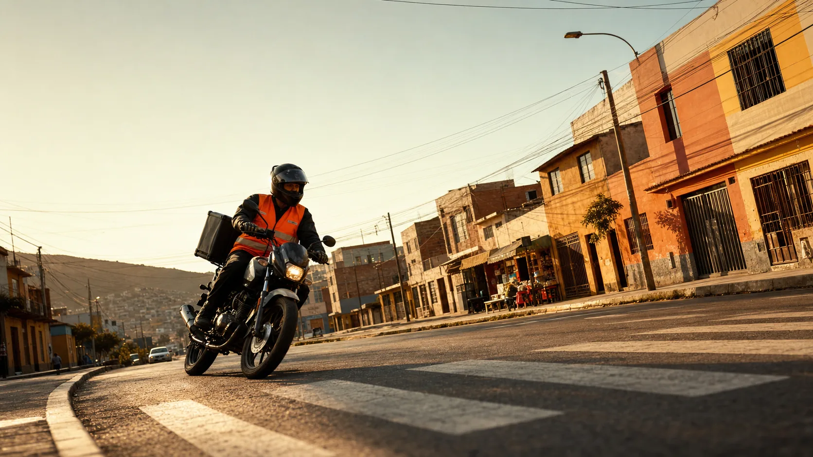 Repartidor de Bita Express cruzando una calle de Lima Norte al atardecer, con casco negro y chaqueta naranja sobre una moto de delivery.