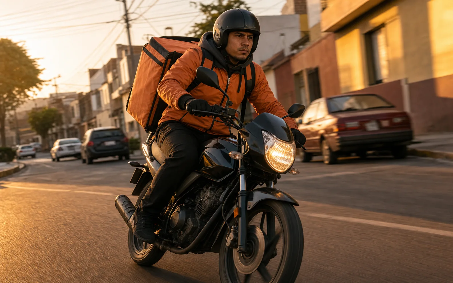 Repartidor de Bita Express con casco negro y chaqueta naranja sobre una moto urbana al atardecer.